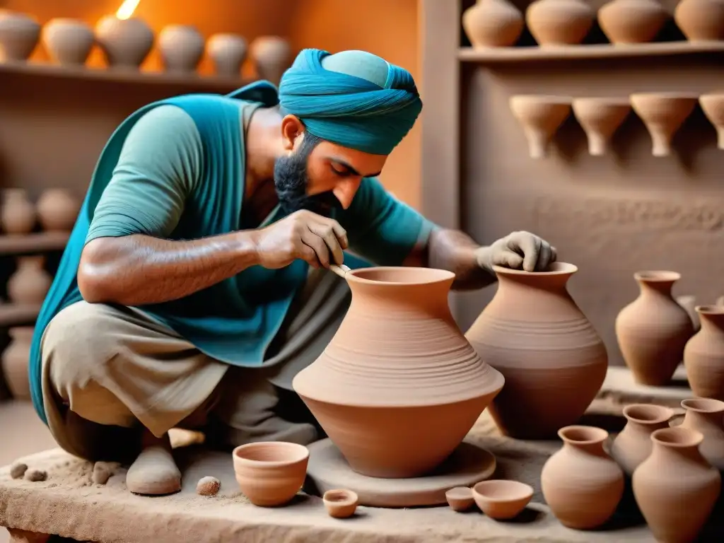 Un grupo de artesanos mesopotámicos crea cerámica con maestría en un bullicioso taller