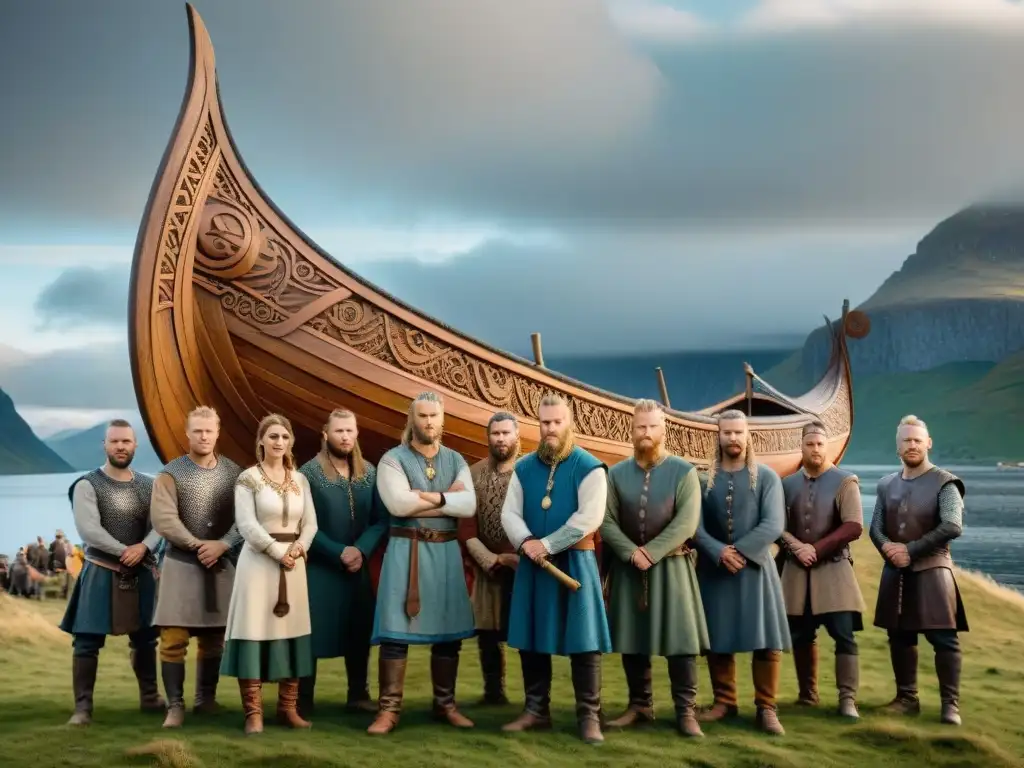 Un grupo de artistas modernos se inspira en arte vikingo ante una réplica detallada de un barco vikingo, en un paisaje nórdico