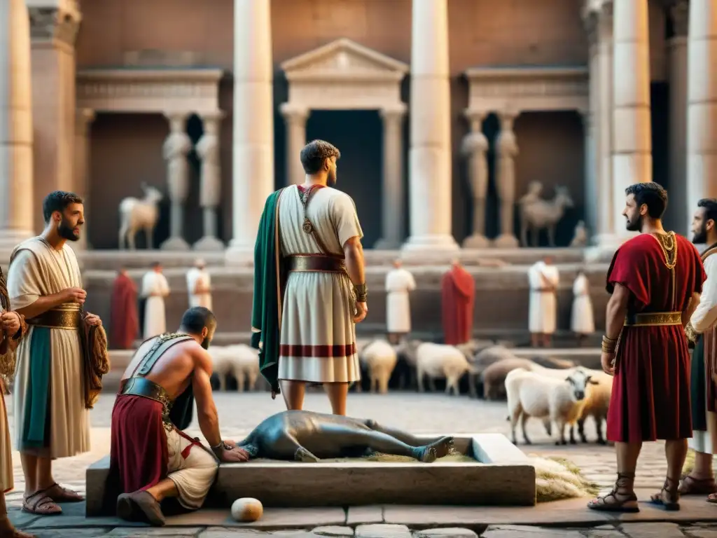 Un grupo de arúspices romanos en plena adivinación en una concurrida plaza romana