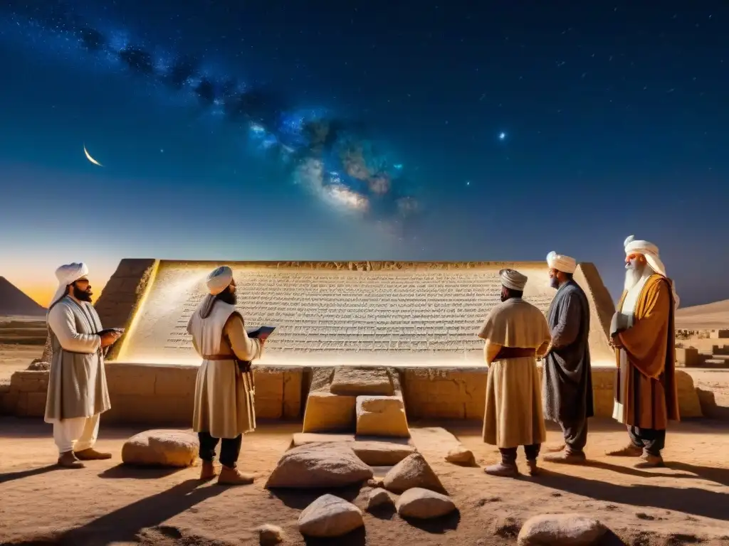 Grupo de astrónomos antiguos de Mesopotamia analizando tablillas astronómicas bajo el cielo estrellado, con ziggurats al fondo