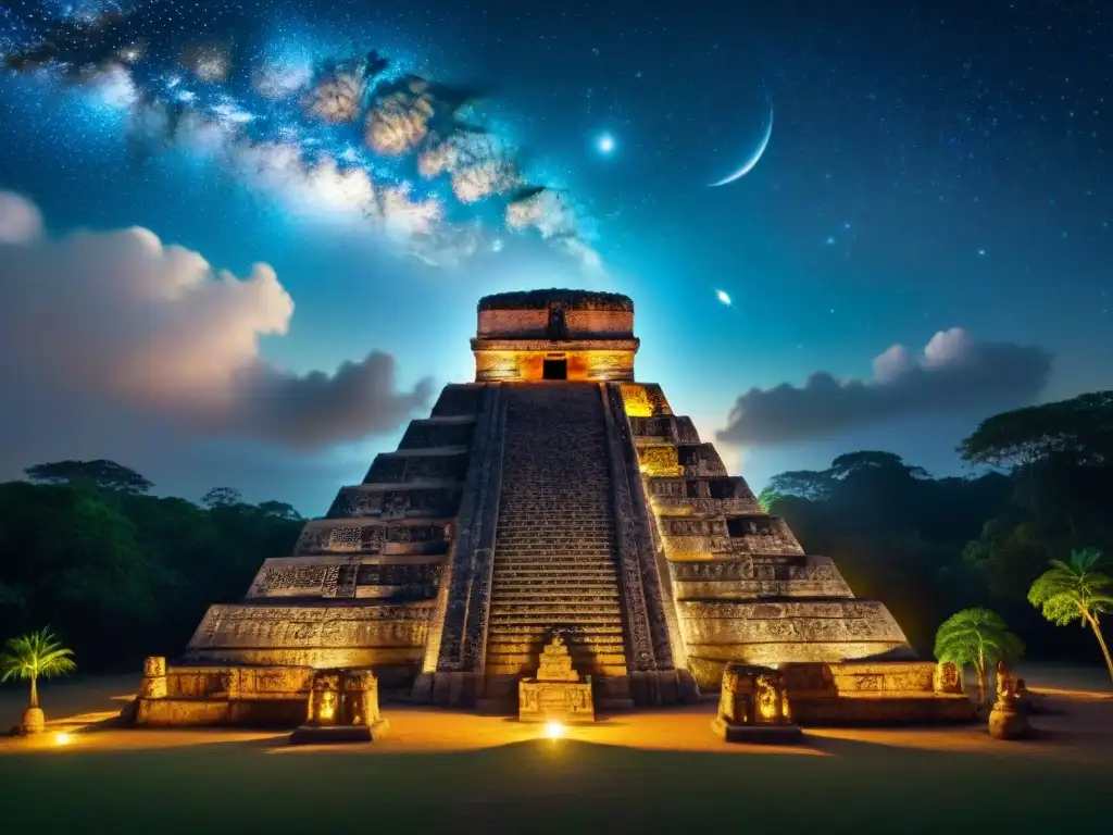 Grupo de astrónomos mayas observando el cielo estrellado con instrumentos, rodeados de pirámides y selva exuberante