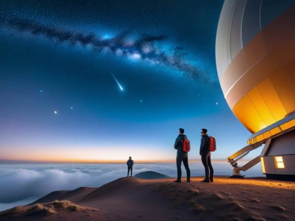 Un grupo de astrónomos utilizando telescopios avanzados en un observatorio moderno, con el cielo estrellado sobre ellos