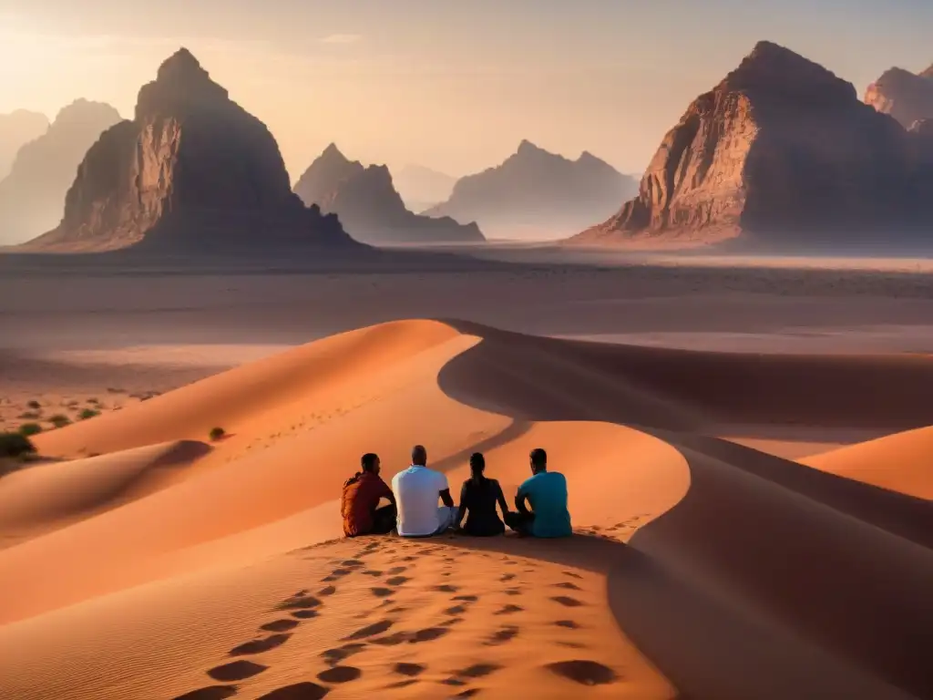 Meditación en grupo al atardecer en Wadi Rum, con expresiones serenas, rodeados de arena anaranjada y formaciones rocosas