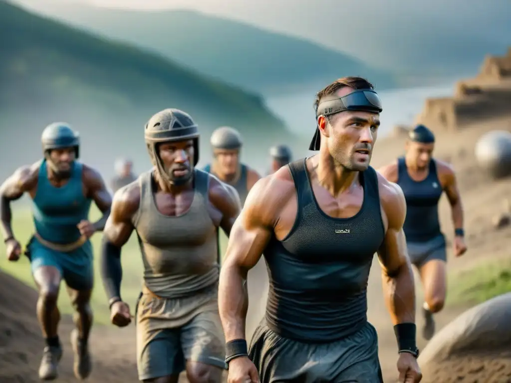 Grupo de atletas modernos en una carrera espartana, mostrando determinación en terreno montañoso