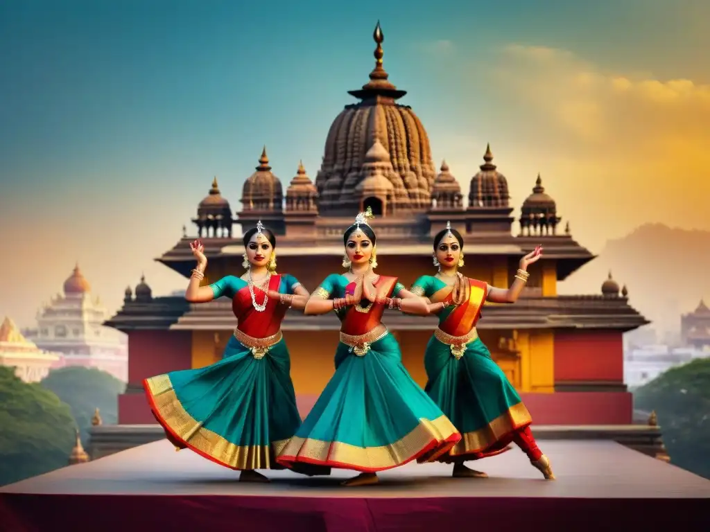 Grupo de bailarinas de Bharatanatyam con gestos y expresiones faciales en escenario, fusionando danzas antiguas India con influencias contemporáneas