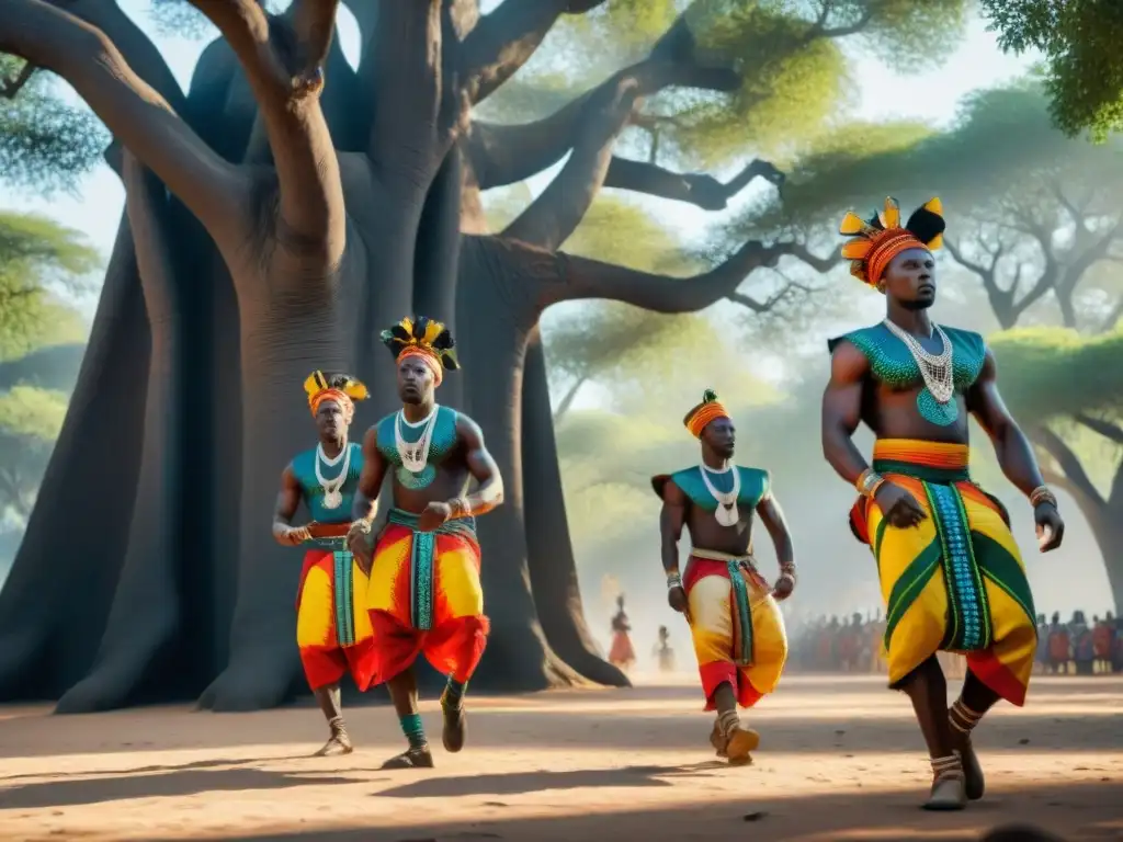 Grupo de bailarines africanos en danzas sagradas, con trajes vibrantes, moviéndose bajo un baobab ancestral