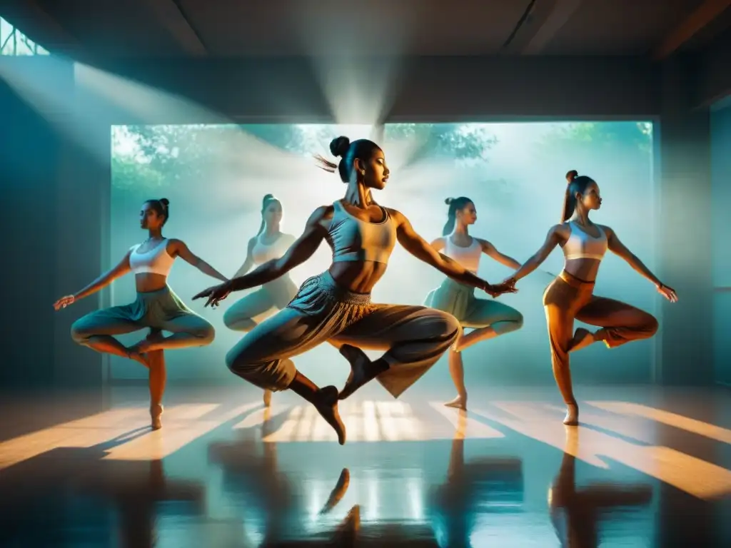 Grupo de bailarines contemporáneos ejecutando movimientos inspirados en la Danza de Shiva India contemporáneo, en un estudio tenue