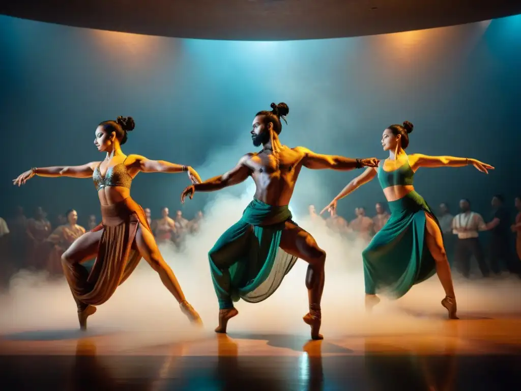 Un grupo de bailarines contemporáneos en poses dinámicas inspiradas en la Danza de Shiva India contemporáneo