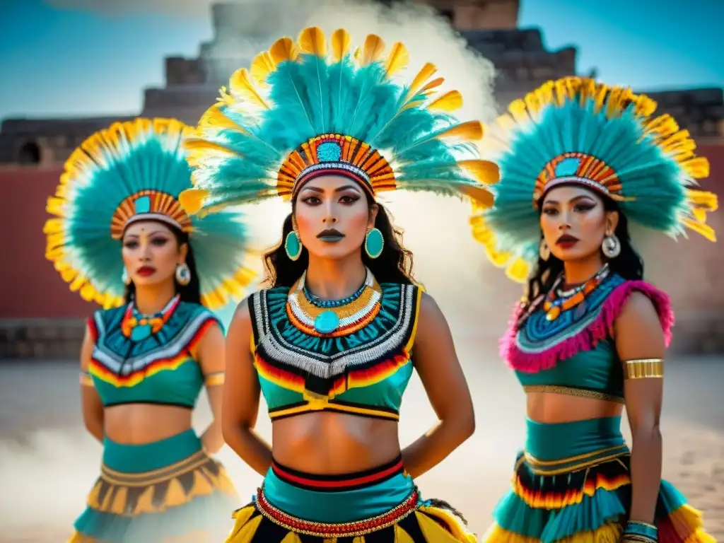 Un grupo de bailarines mexicanos modernos vistiendo vibrantes trajes aztecas, con tocados de plumas y joyas doradas