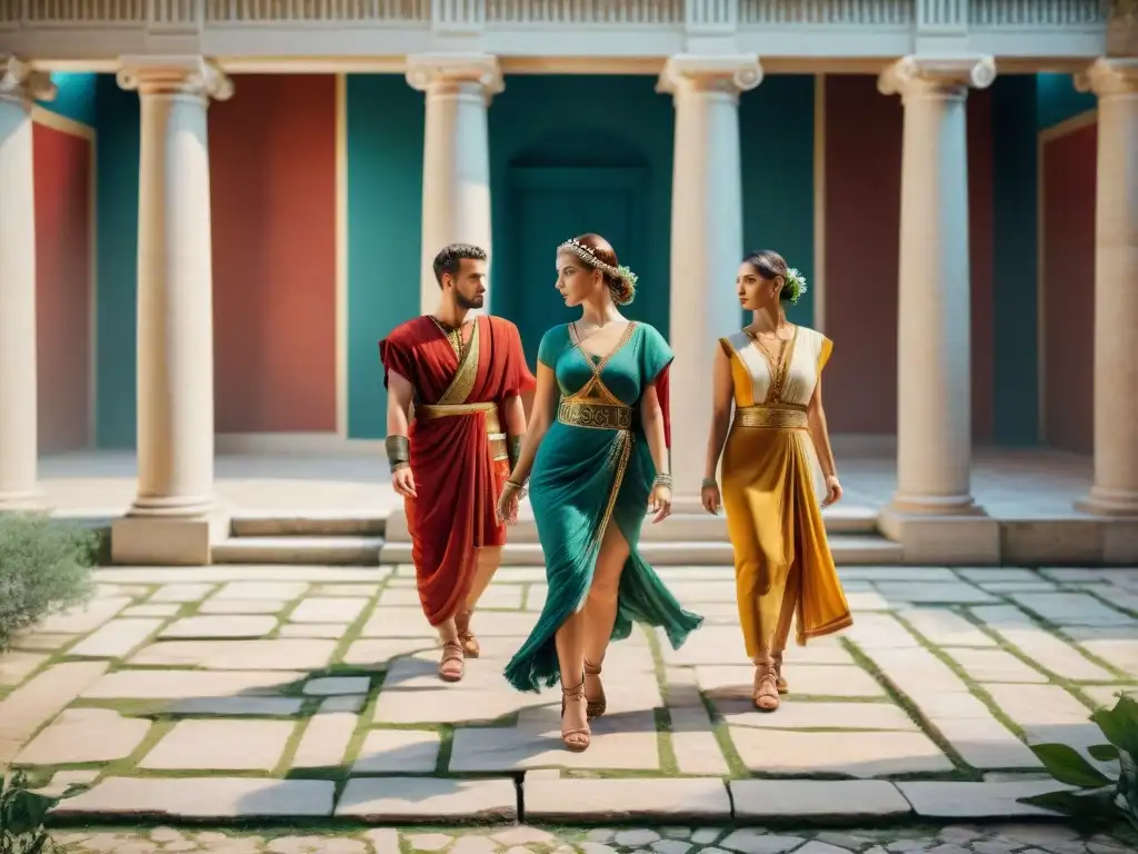 Grupo de bailarines en vestimenta romana antigua danzando en una reconstrucción de villa romana