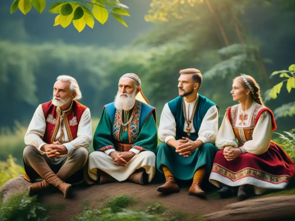 Grupo de bardos eslavos ancianos recitando poesía épica a niños en el bosque, en una escena de tradición oral eslava