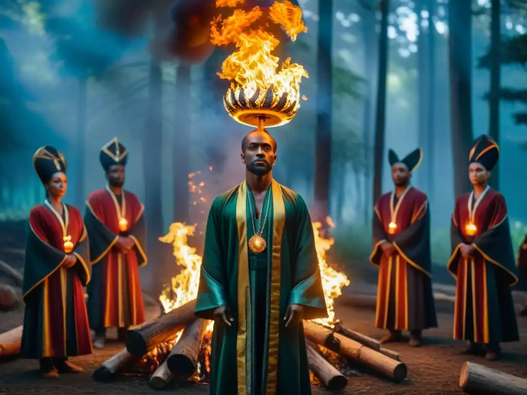 Grupo en ceremonia alquímica, prendiendo fuego en el bosque oscuro, con objetos simbólicos