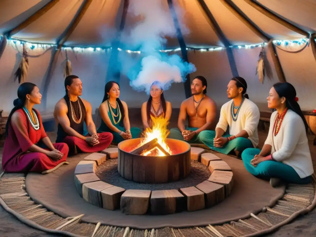 Un grupo en ceremonia de sudoración nativa, envueltos en vapor y luz de fuego, en un ritual de purificación ancestral para alma moderna