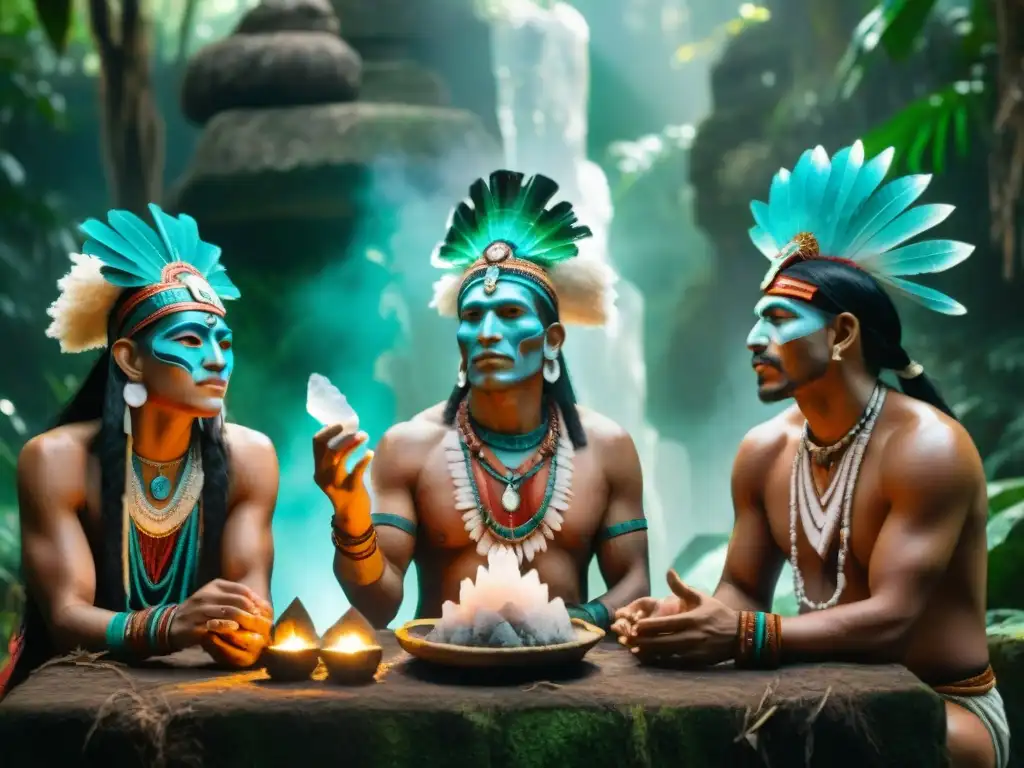 Grupo de chamanes mayas en ritual con cuarzos fantasma en la selva