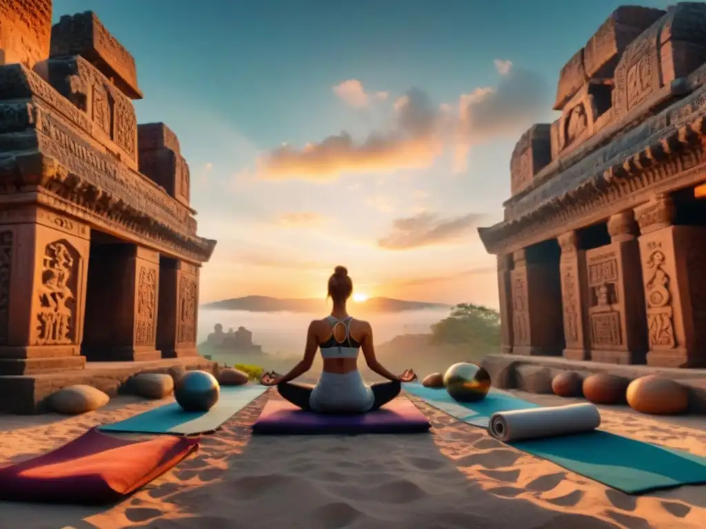 Un grupo en conexión con las raíces ancestrales, practicando yoga al amanecer entre ruinas antiguas y símbolos misteriosos