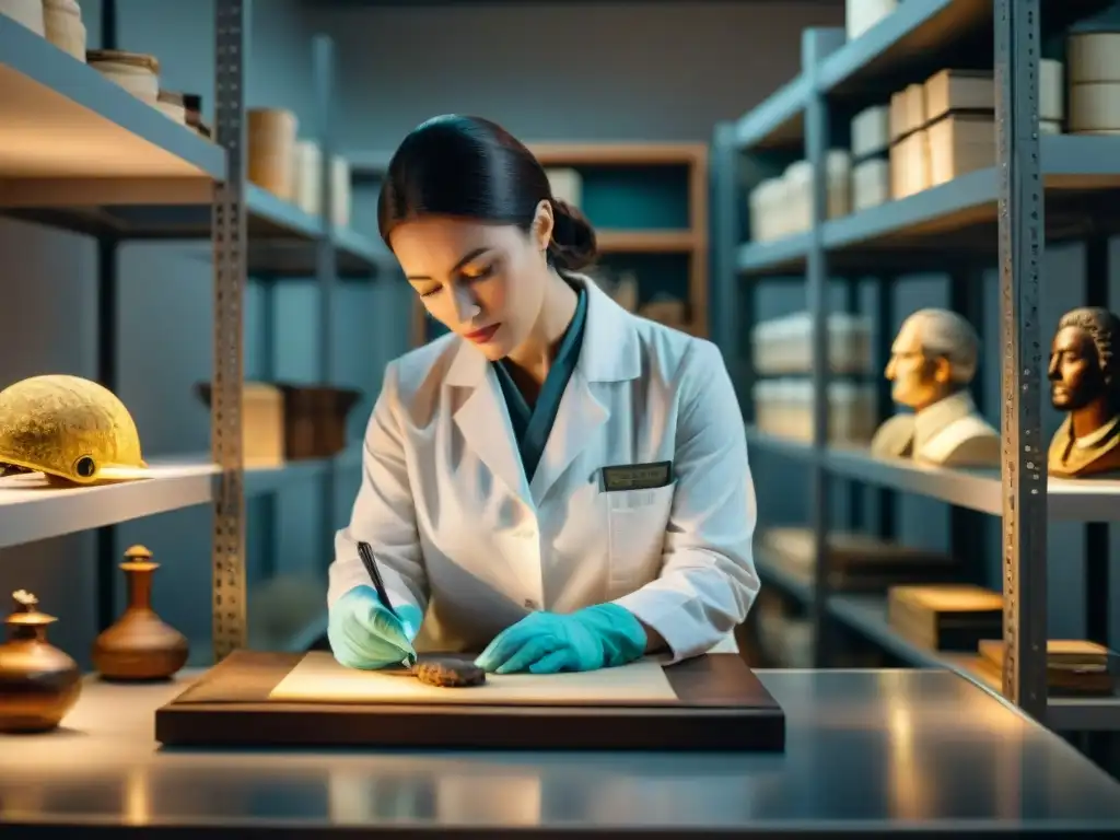 Un grupo de conservadores restaura artefactos históricos con meticulosidad en una escena llena de dedicación y precisión