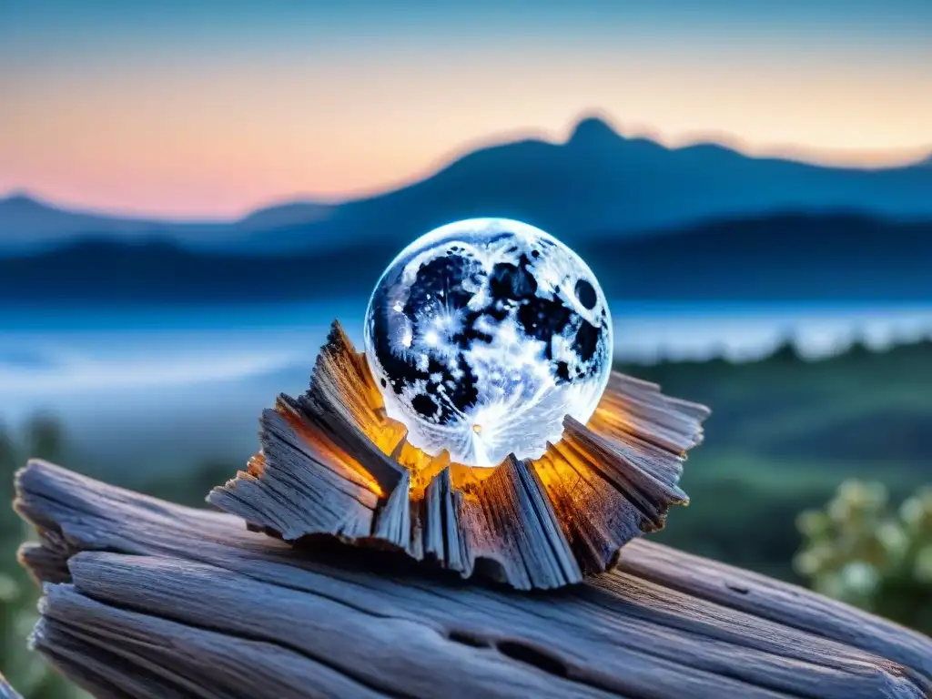 Un grupo de cristales resplandecientes sobre madera vieja, iluminados por la luna llena