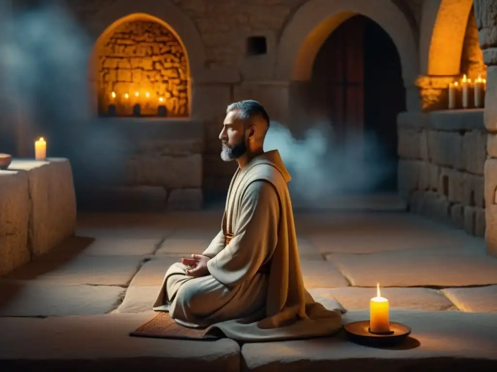 Grupo de cristianos primitivos meditando en antiguo monasterio iluminado por velas