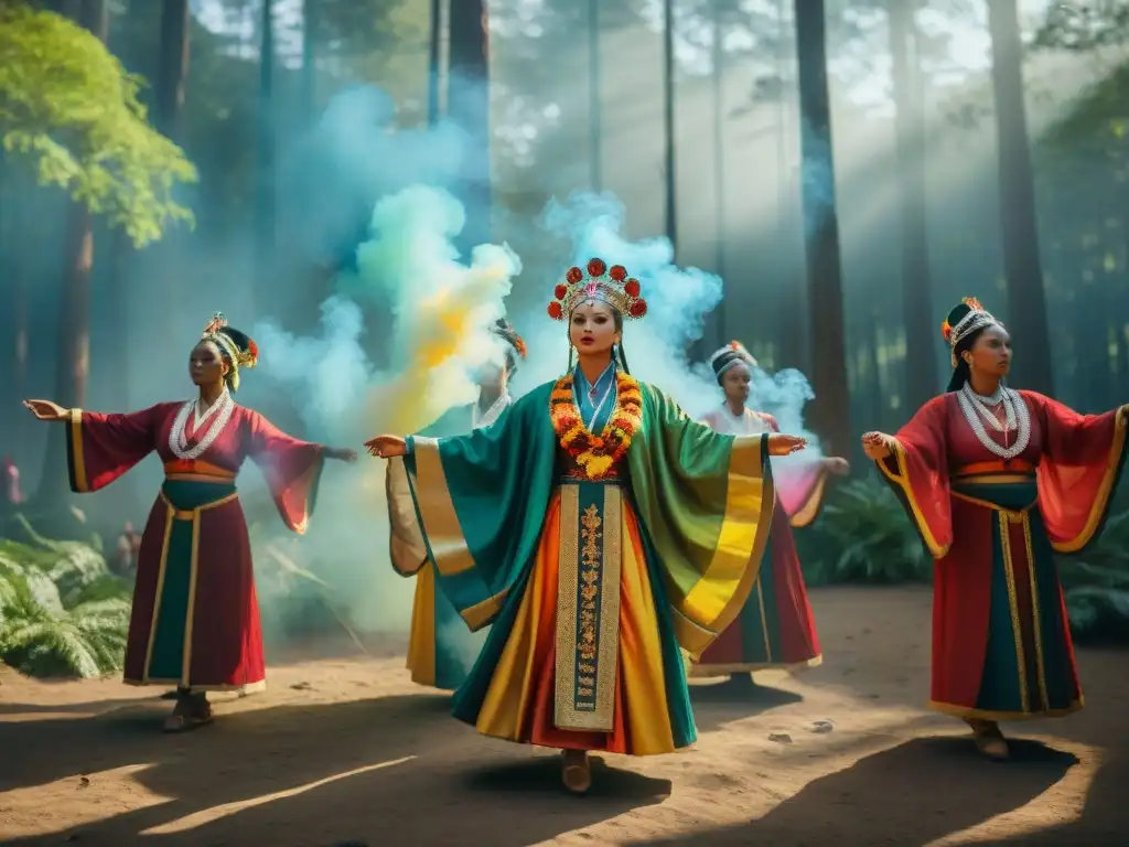 Grupo danza sagrada en celebraciones neopaganas, vestidos con coloridos trajes ceremoniales realizando movimientos en el bosque