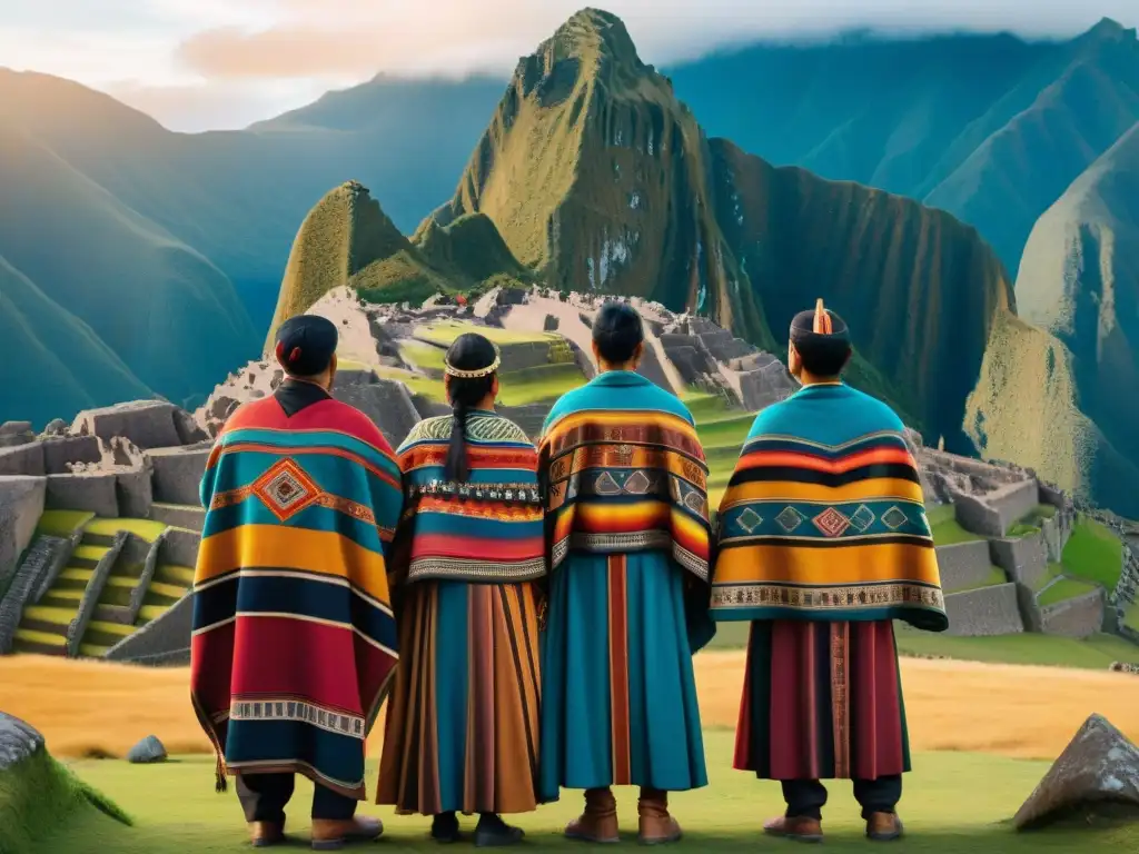 Un grupo de descendientes andinos viste colorida vestimenta Inca ante majestuosa ruina al atardecer, transmitiendo poder espiritual