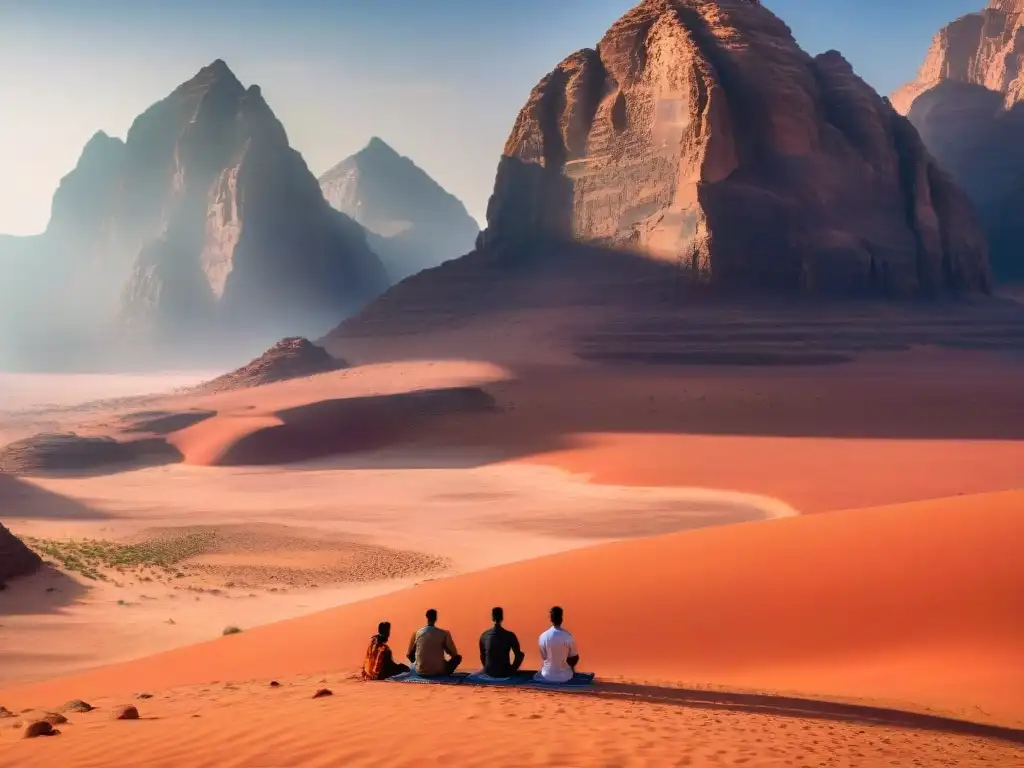 Grupo en meditación en el desierto de Wadi Rum, perfecto para retiros espirituales en Wadi Rum