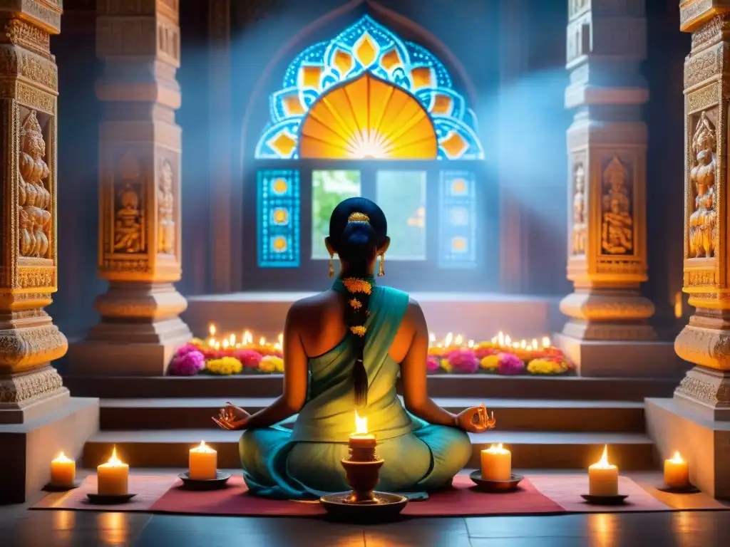 Un grupo de devotos hindúes entonando mantras en un templo sagrado, rodeados de velas y flores, creando una atmósfera mística