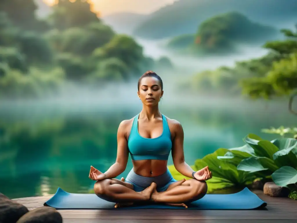 Un grupo diverso practica yoga al aire libre en un entorno natural sereno, rodeado de vegetación exuberante y un lago tranquilo