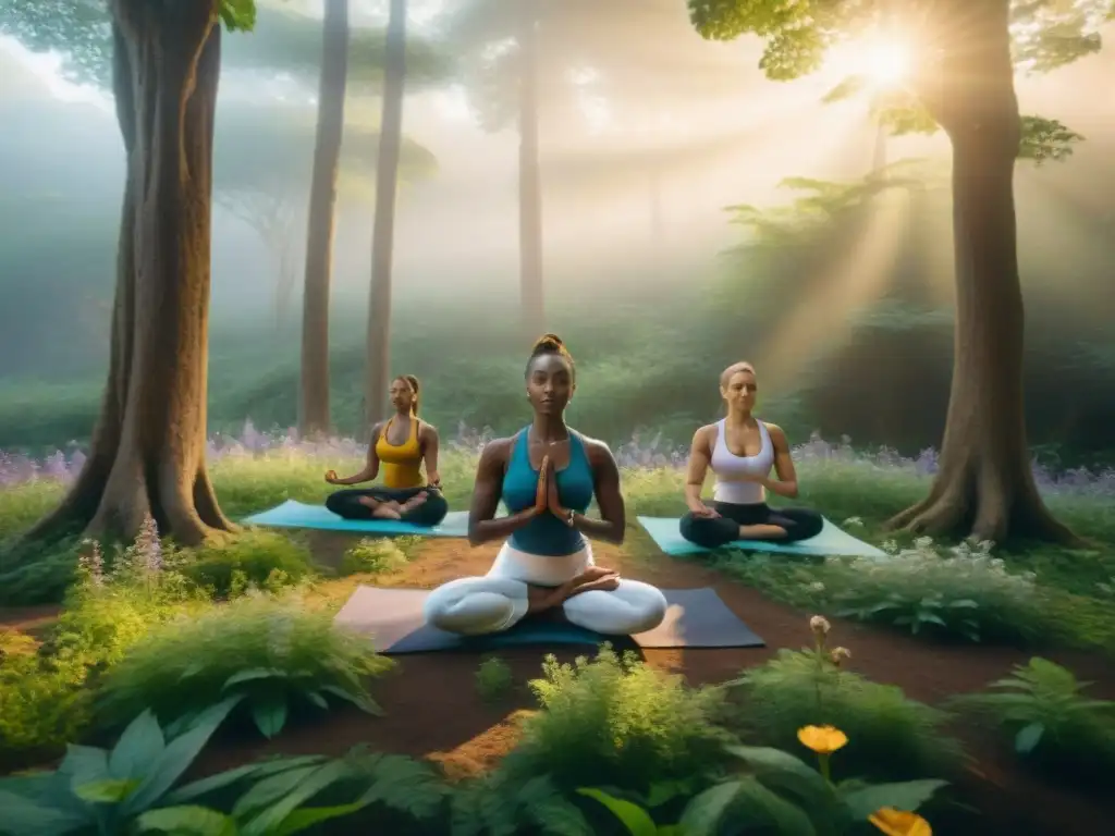 Grupo diverso practica yoga en bosque ancestral, conectando raíces y misterios