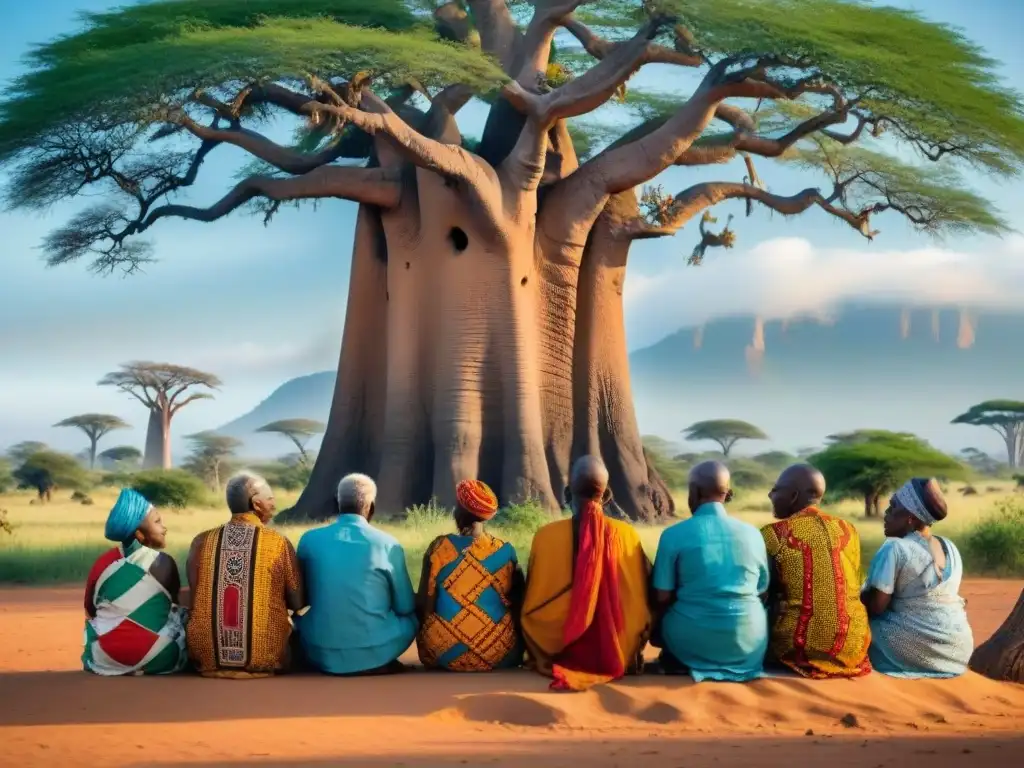 Un grupo diverso de ancianos africanos bajo un baobab, expresando sabiduría y contemplación