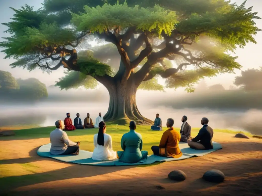 Grupo diverso en meditación bajo árbol antiguo, evocando paz y unidad