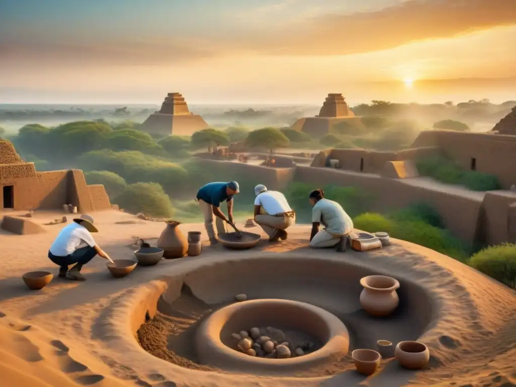 Un grupo diverso de arqueólogos excavando artefactos antiguos al atardecer