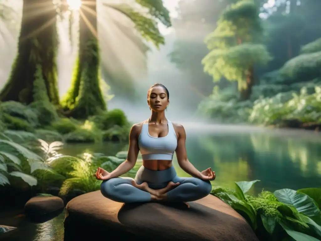 Un grupo diverso practica yoga en un bosque antiguo, conectando con la naturaleza y sus raíces ancestrales