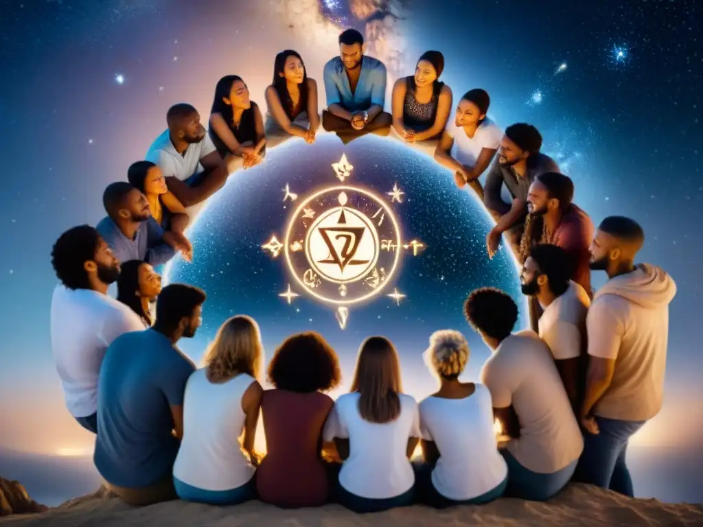 Grupo diverso bajo un cielo estrellado, cada uno con un signo zodiacal sobre sus cabezas