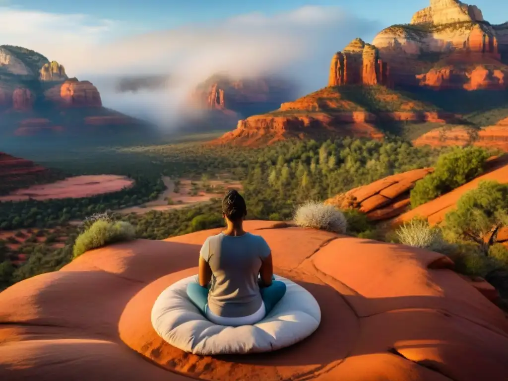 Grupo diverso medita en círculo en Sedona, Arizona, rodeado de energía transformadora