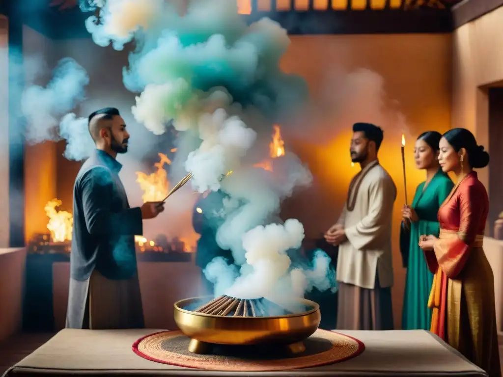 Grupo diverso disfruta de ceremonia de incienso en casa, envuelto en serenidad y culturalidad