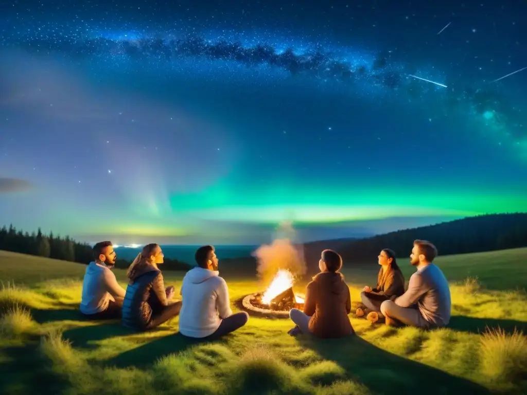 Grupo diverso de estudiantes aprendiendo astrología al aire libre, mientras un instructor señala constelaciones bajo un cielo estrellado