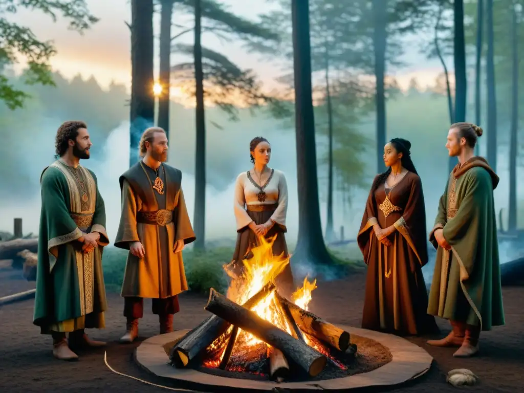 Un grupo diverso en túnicas terracota alrededor de una fogata en el bosque neblinoso, debatiendo con pasión y reverencia