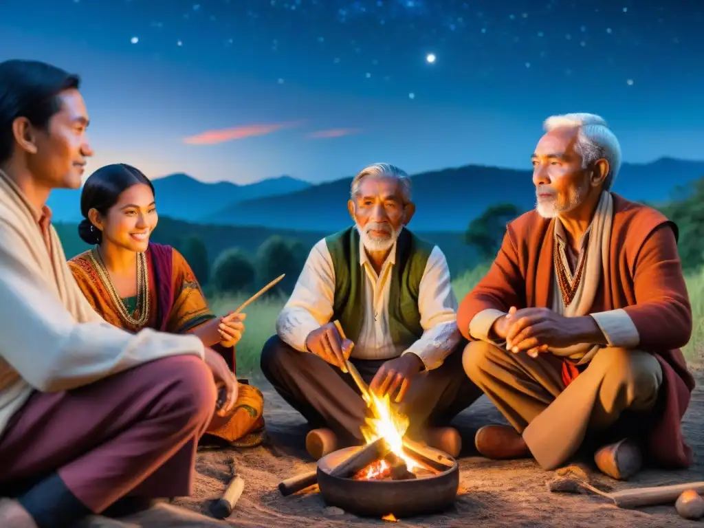 Un grupo diverso se reúne alrededor de una fogata bajo un cielo estrellado, tocando música ancestral