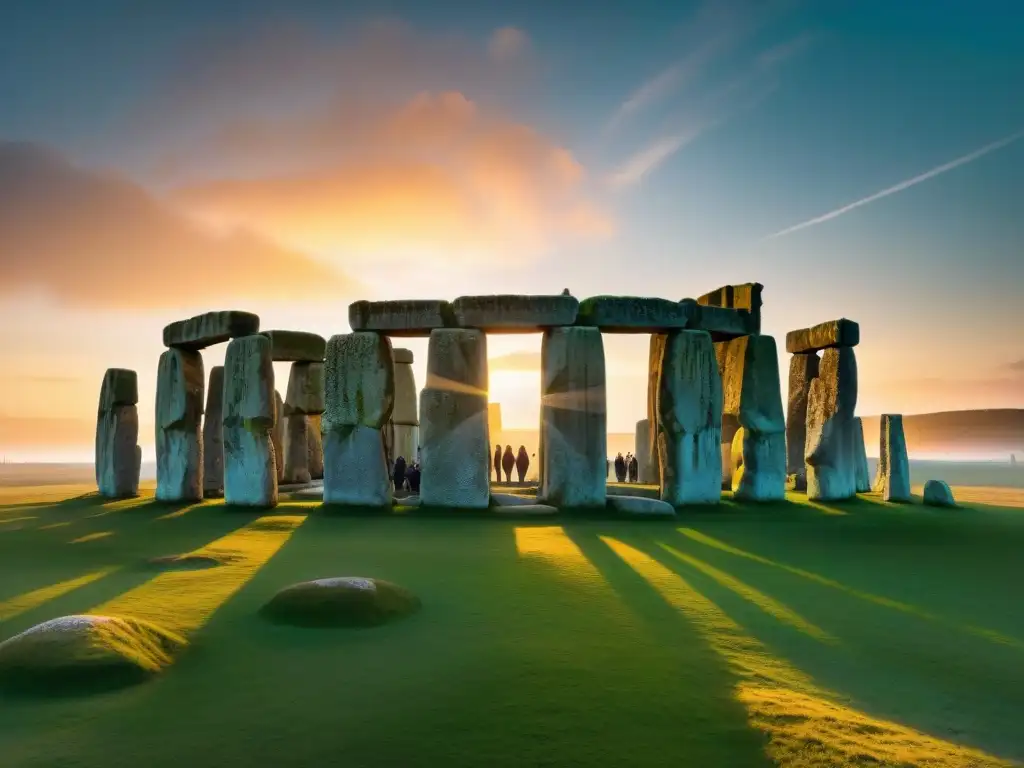 Un grupo diverso de individuos admirando el Stonehenge antiguo al atardecer, uniendo pasado y presente con un sentido de asombro y exploración