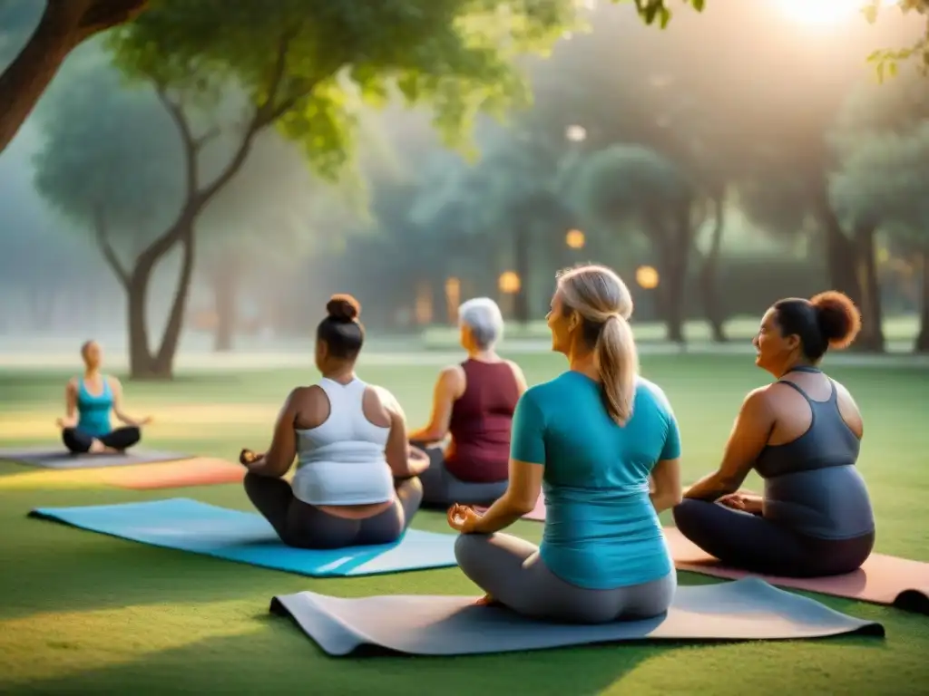 Un grupo diverso practica yoga juntos en un parque al atardecer