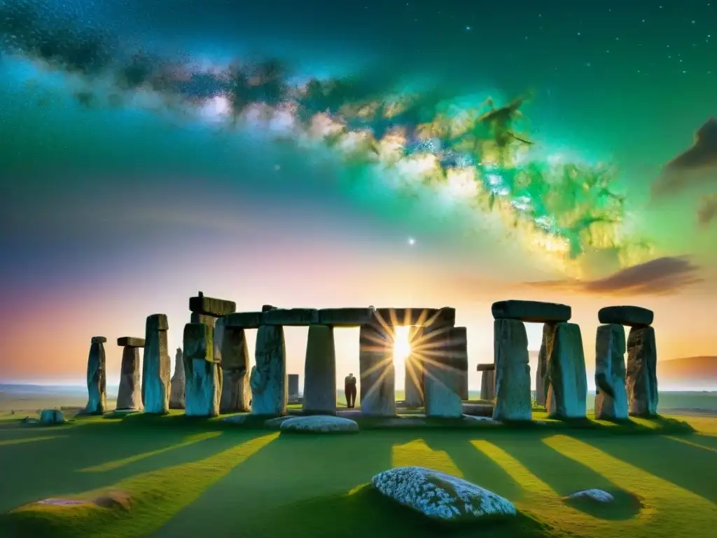 Un grupo diverso estudia manuscritos astrológicos antiguos en Stonehenge, con cosmos y atardecer de fondo