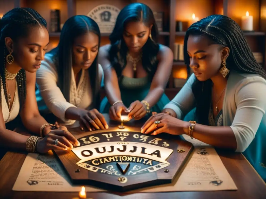 Un grupo diverso se concentra alrededor de una ouija en una habitación misteriosa