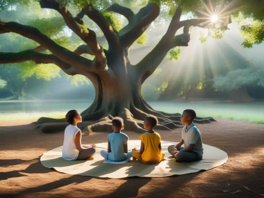 Grupo diverso de niños en meditación consciente bajo un árbol, creando un ambiente espiritual de crianza