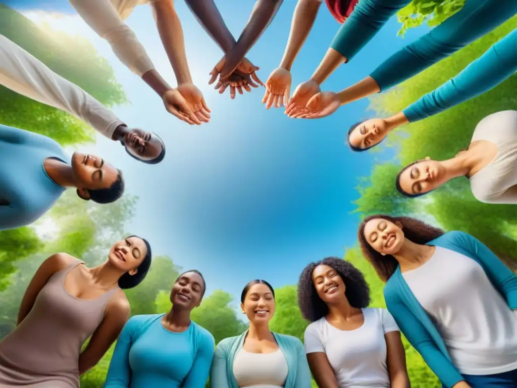 Grupo diverso medita en parque, reflejando beneficios meditación mindfulness vida moderna