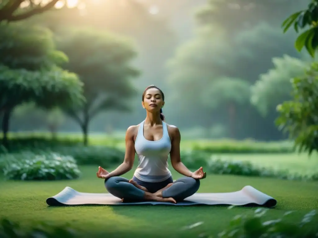 Un grupo diverso practica yoga en un parque al amanecer, reflejando la filosofía del Yoga aplicación práctica