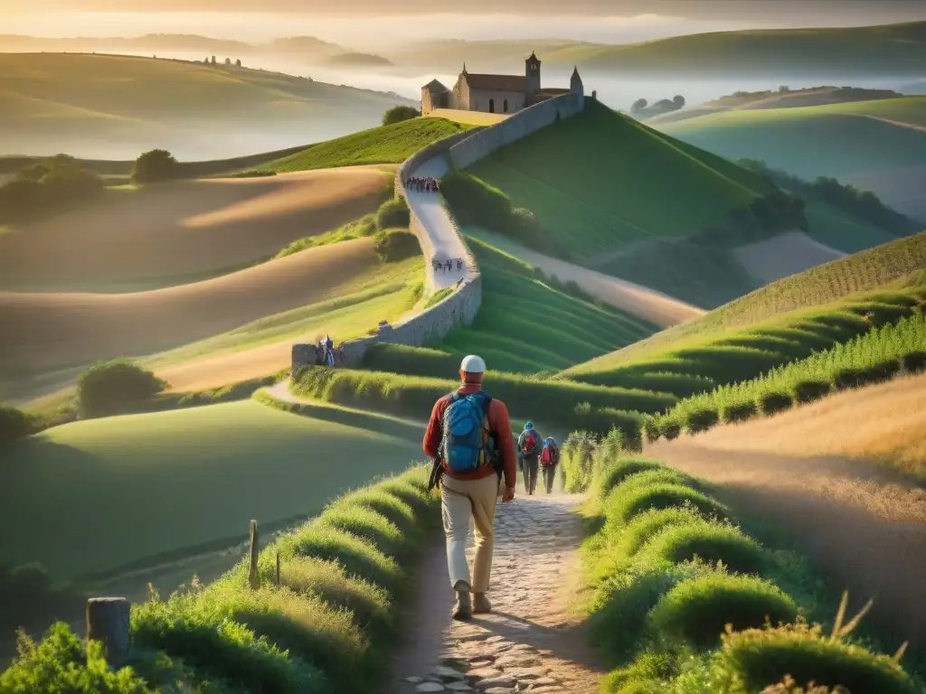 Un grupo diverso de peregrinos camina en el Camino de Santiago al atardecer, creando una atmósfera serena de descubrimiento interior