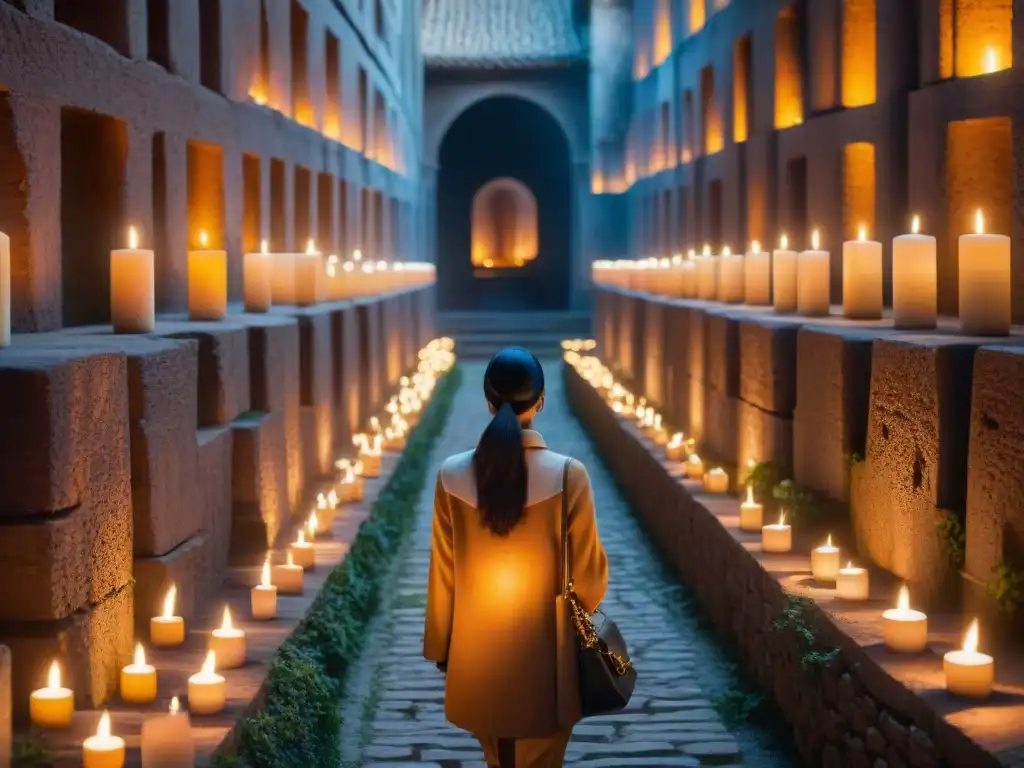 Un grupo diverso de personas recorriendo un laberinto iluminado por velas, en una introspectiva búsqueda de autoconocimiento