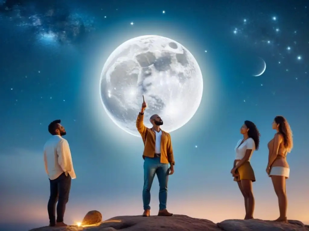 Un grupo diverso de personas contempla la luna llena y las estrellas bajo el cielo nocturno, con símbolos astrológicos