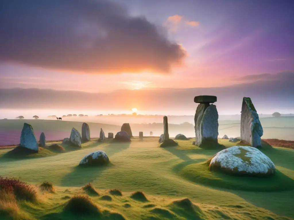 Un grupo diverso de personas contempla los misteriosos círculos de piedra en Avebury, Inglaterra, bajo un cielo anaranjado y morado al atardecer