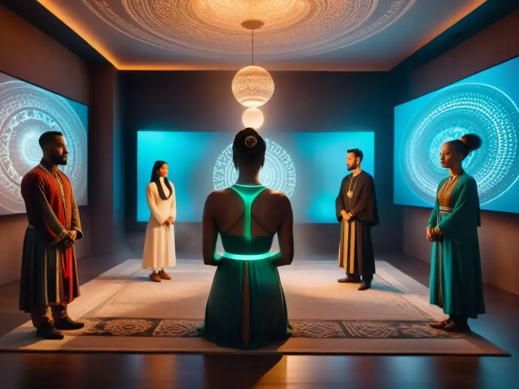 Un grupo diverso de practicantes de neopaganismo en un ritual digital, entre símbolos luminosos